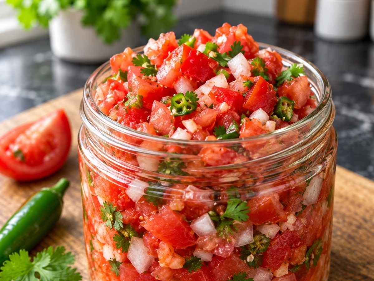 Nahaufnahme von Pico de Gallo mit frischem Koriander und Tomatenstücken