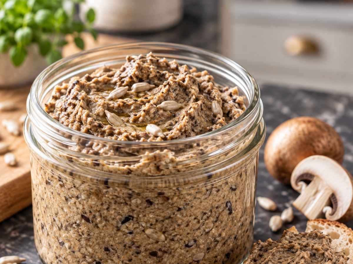 Nahaufnahme der cremigen Konsistenz von Pilz-Dip mit Sonnenblumenkernen