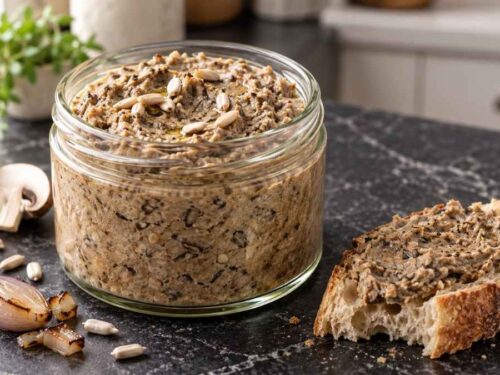 Cremiger Pilz-Dip mit Sonnenblumenkernen in einer Schale, umgeben von Brot und Gemüsesticks