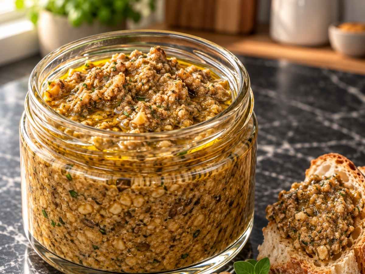 Nahaufnahme von Pilz-Walnuss-Pesto auf warmen Nudeln