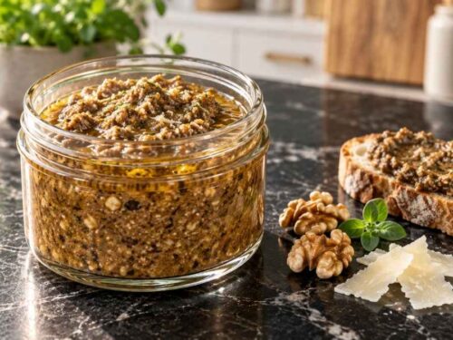 Pilz-Walnuss-Pesto im Glas, cremig mit gerösteten Walnüssen