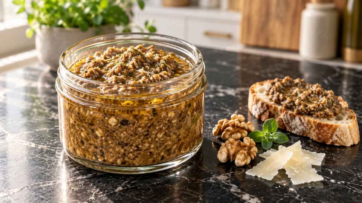 Pilz-Walnuss-Pesto im Glas, cremig mit gerösteten Walnüssen