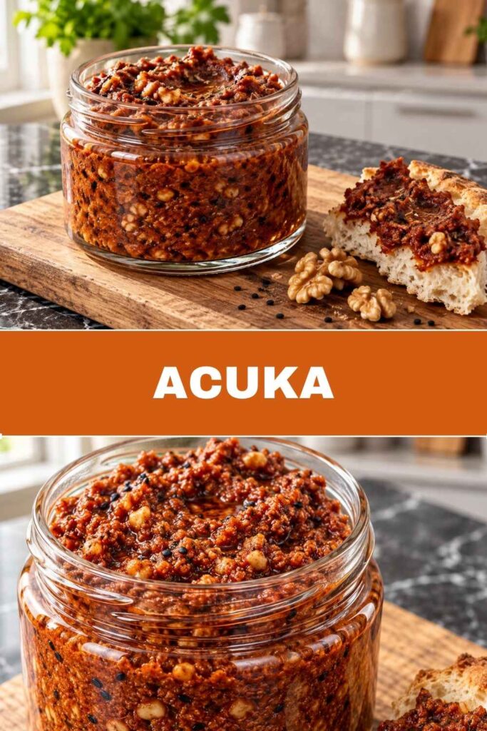 Acuka türkischer Walnuss-Paprika-Aufstrich in der Schale mit Fladenbrot und in der Nahaufnahme