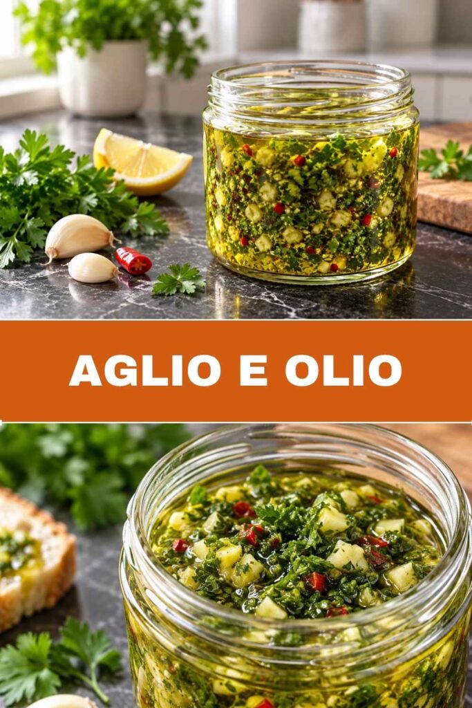 Aglio e Olio 4 Aglio e Olio im Schraubglas und Spaghetti mit Knoblauchöl, Pinterest-Pin für schnelle Nudeln