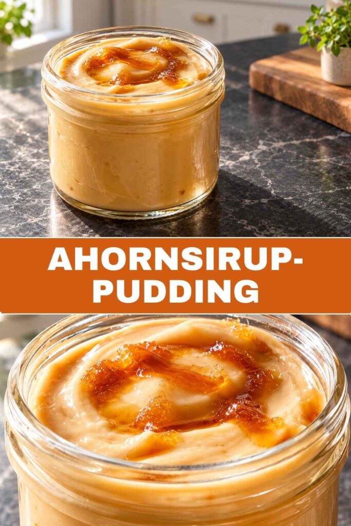 Ahornsirup-Pudding 4 Pinterest-Pin mit Ahornsirup-Pudding in Schraubgläsern von oben und einer cremigen Nahaufnahme mit Löffel