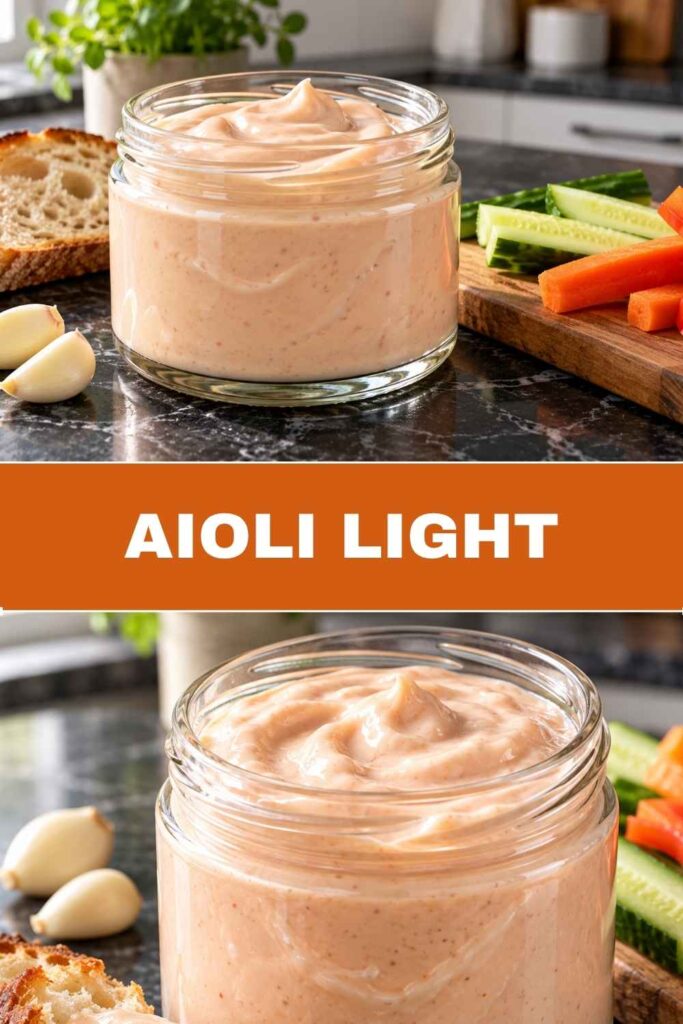 Aioli light mit Quark als schneller Knoblauch-Dip, Gesamtansicht und Nahaufnahme im Hochformat