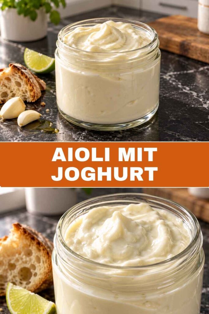 Aioli mit Joghurt im Schälchen mit Ofenkartoffelspalten oben und Nahaufnahme der cremigen Knoblauchaioli unten, frischer Knoblauchdip in 10 Minuten