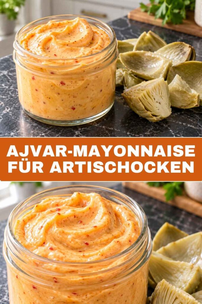 Pinterest-Pin mit Ajvar-Mayonnaise für Artischocken, oben die Artischocken mit Dip, unten eine Nahaufnahme der Mayo