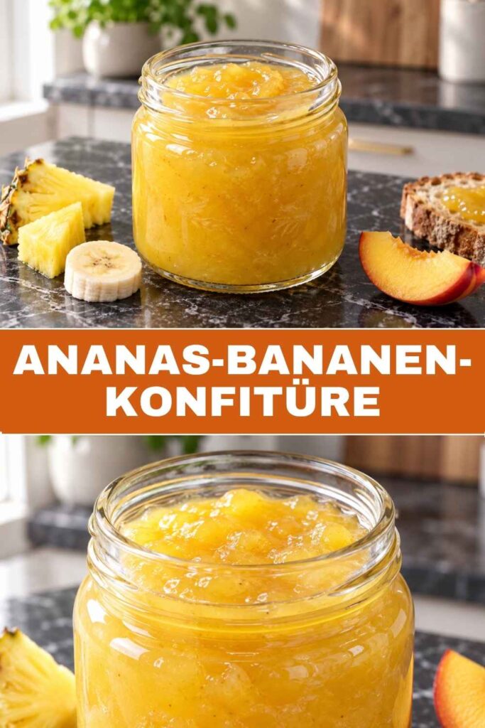 Ananas-Bananen-Konfitüre im Glas und auf einem Brötchen, mit Textüberschrift für Pinterest