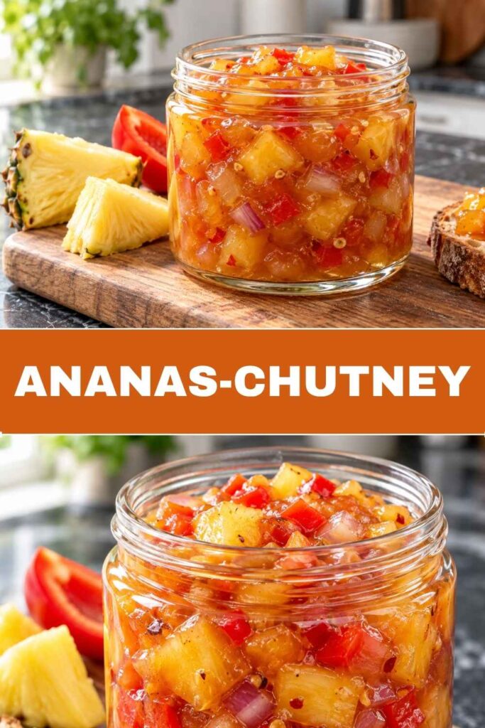 Ananas-Chutney im Glas und in Nahaufnahme, fruchtig-scharfes Chutney zum Grillen