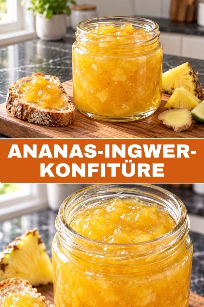 Ananas-Ingwer-Konfitüre 4 Ananas-Ingwer-Konfitüre im Glas und auf einem Frischkäsebrötchen, einfaches Rezept mit frischer Ananas und Ingwer