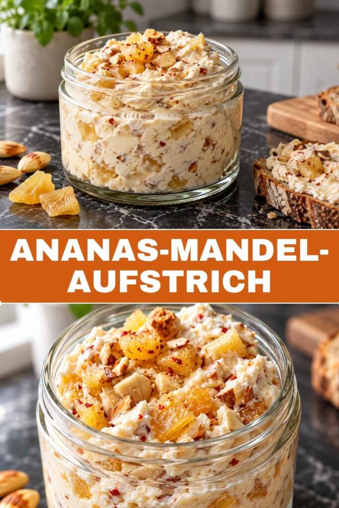Ananas-Mandel-Aufstrich mit Frischkäse im Schälchen und in der Nahaufnahme mit Mandel-Topping, süß-scharfer Aufstrich in 10 Minuten