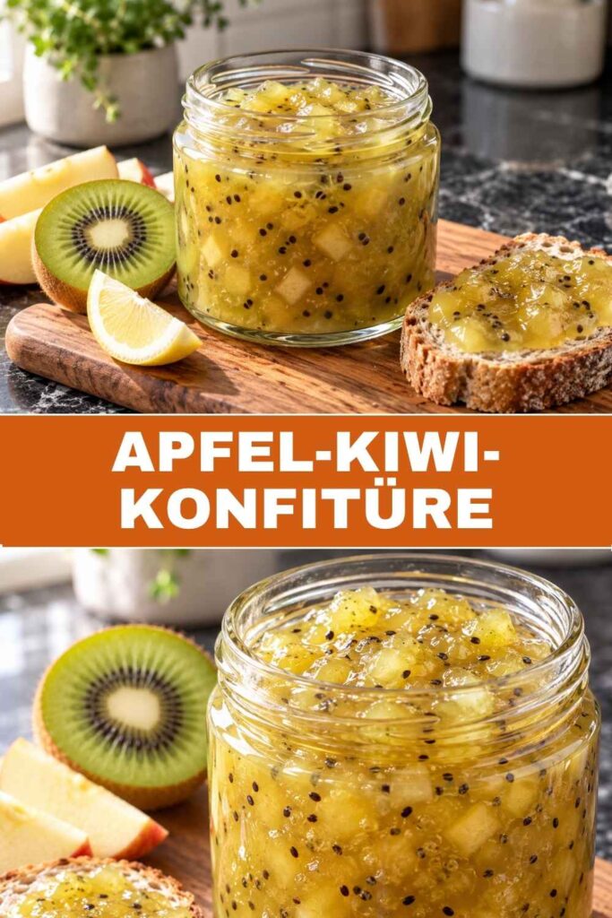 Apfel-Kiwi-Konfitüre 4 Apfel-Kiwi-Konfitüre im Glas und auf einem Brötchen, Rezept für selbstgemachte Kiwi Marmelade in 30 Minuten