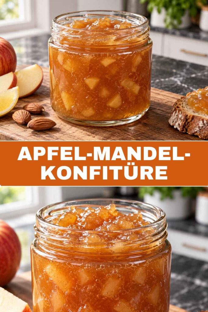 Apfel-Mandel-Konfitüre mit Amaretto in Gläsern und als Nahaufnahme auf Brot, Rezept zum Verschenken