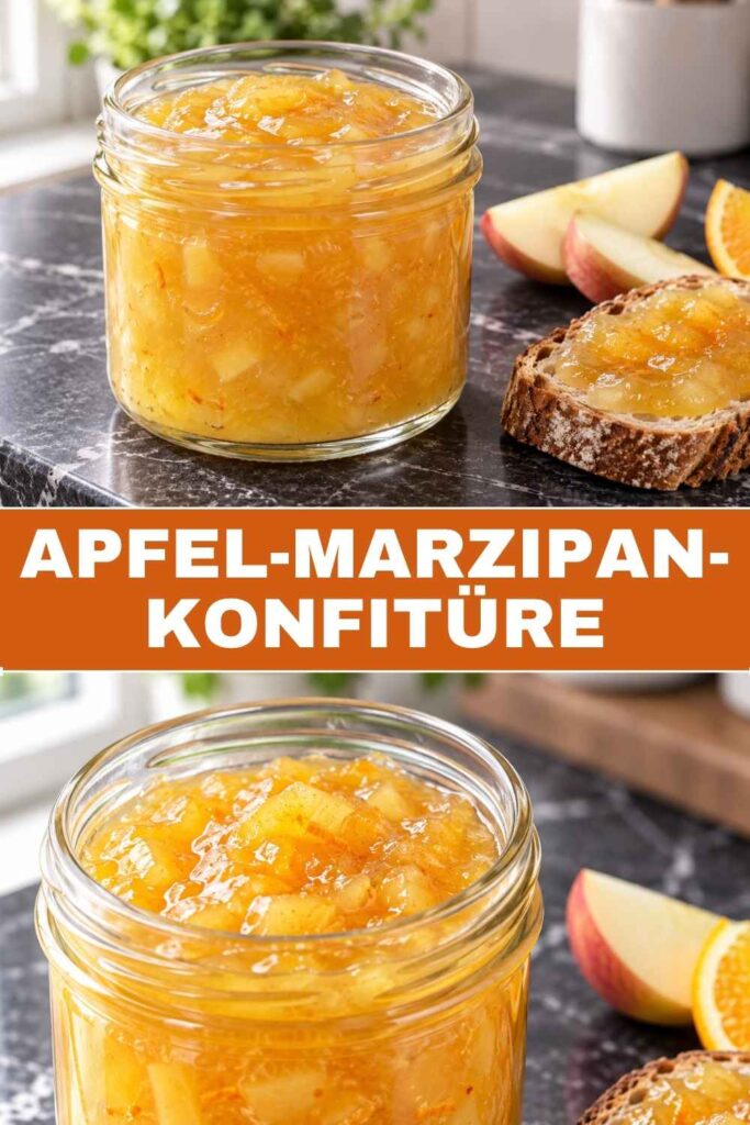 Apfel-Marzipan-Konfitüre im Glas und als Nahaufnahme auf dem Löffel, einfaches Rezept mit Orange