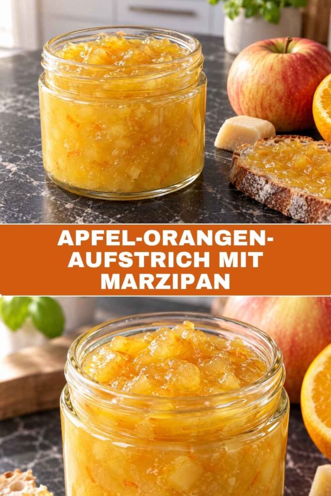 Apfel-Orangen-Aufstrich mit Marzipan 4 Apfel-Orangen-Aufstrich mit Marzipan in Gläsern und als Nahaufnahme auf Brot, Rezept zum Verschenken