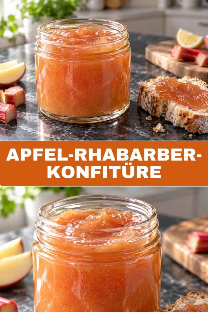 Apfel-Rhabarber-Konfitüre in Gläsern und als Nahaufnahme auf einem Brötchen, einfaches Rezept in 30 Minuten