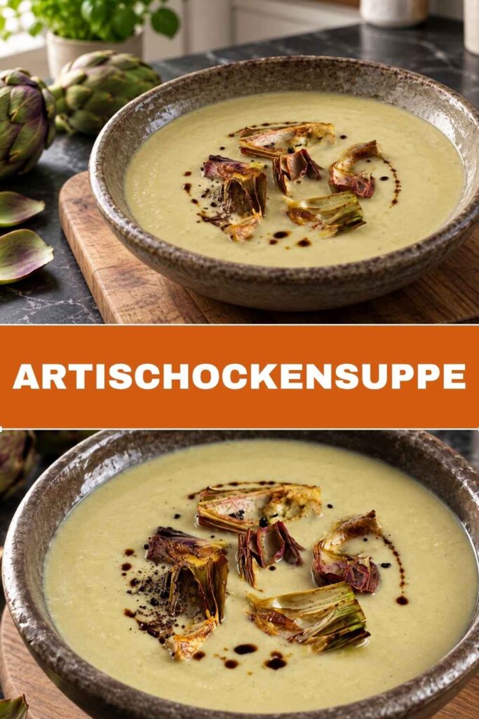 Pinterest-Pin für Artischockensuppe vegan mit Weitwinkel- und Nahaufnahme der cremigen Suppe