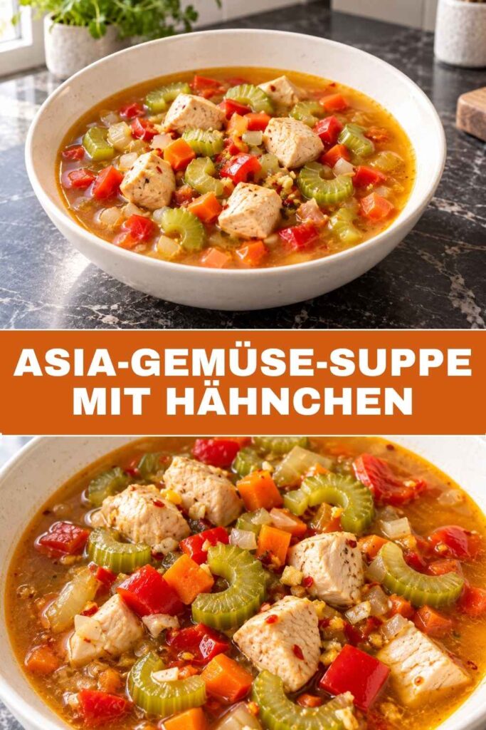 Asia-Gemüse-Suppe mit Hähnchen 4 Pin mit Asia-Gemüse-Suppe mit Hähnchen als Gesamtansicht und Nahaufnahme