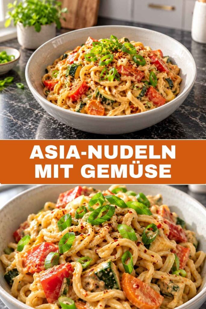 Pinterest-Pin mit Asia-Nudeln mit Gemüse in Erdnusssoße, oben als ganze Schüssel und unten in der Nahaufnahme