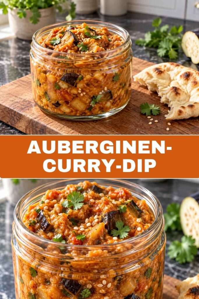 Auberginen-Curry-Dip mit Aprikosen in der Schale und als Nahaufnahme, schnelles Dip-Rezept in 30 Minuten