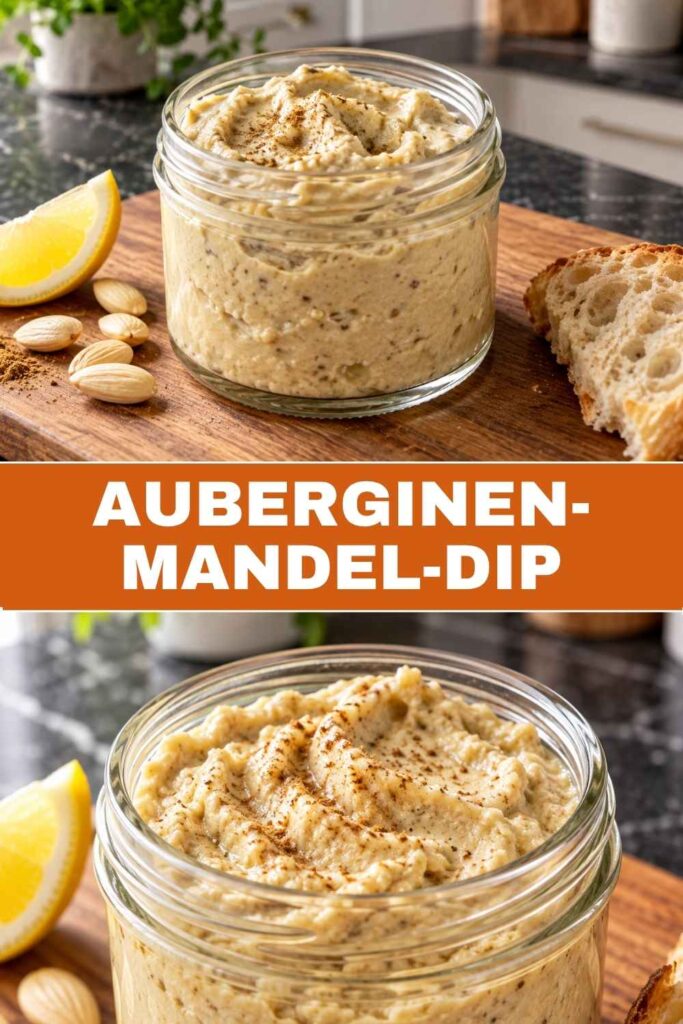 Auberginen-Mandel-Dip Pin mit Weitwinkel- und Nahaufnahme-Motiv für Pinterest