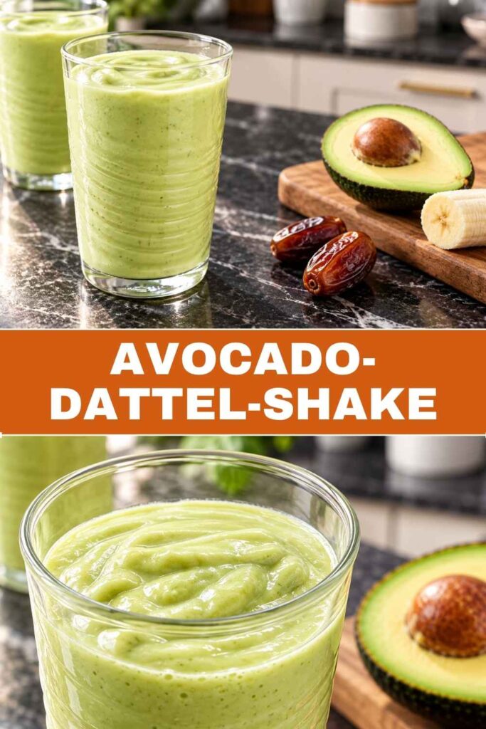 Avocado-Dattel-Shake Pinterest-Pin, cremiger Frühstücksshake in 5 Minuten