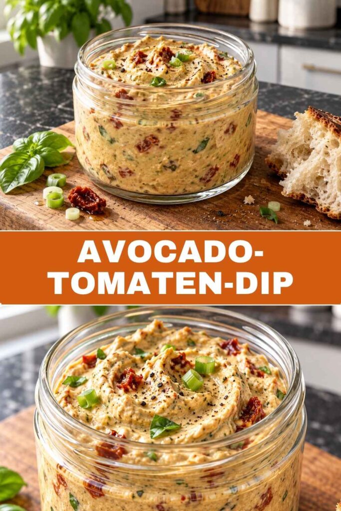 Pinterest-Pin mit Avocado-Tomaten-Dip in der Schale mit Baguette oben und Nahaufnahme des cremigen Dips unten