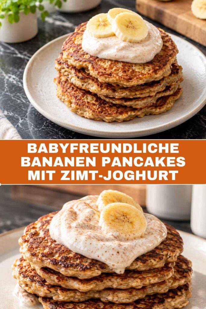 Pinterest-Pin mit Babyfreundlichen Bananen Pancakes mit Zimt-Joghurt, Weitwinkel- und Nahaufnahme kombiniert