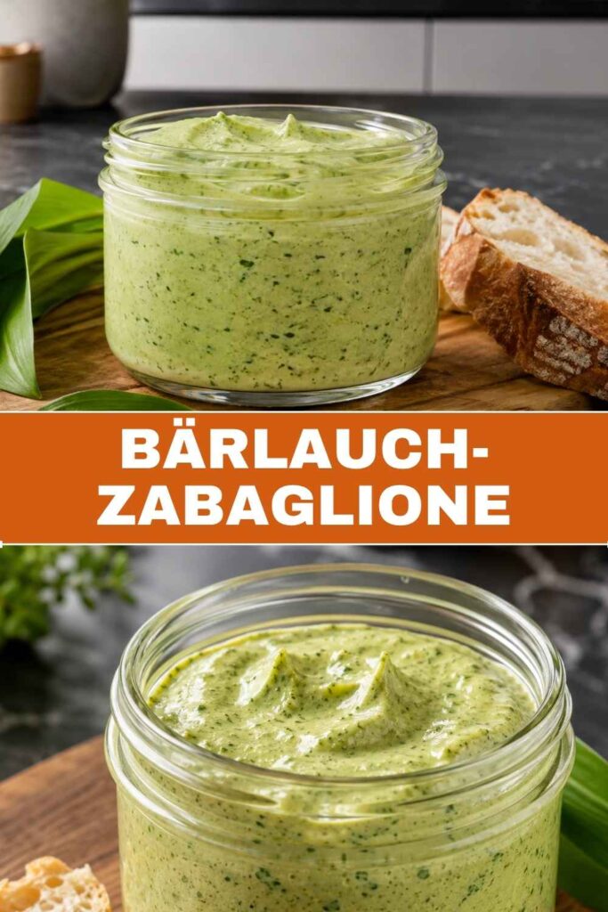 Pinterest-Pin Bärlauch-Zabaglione, cremige Sauce in 10 Minuten, Weitwinkel- und Nahaufnahme kombiniert