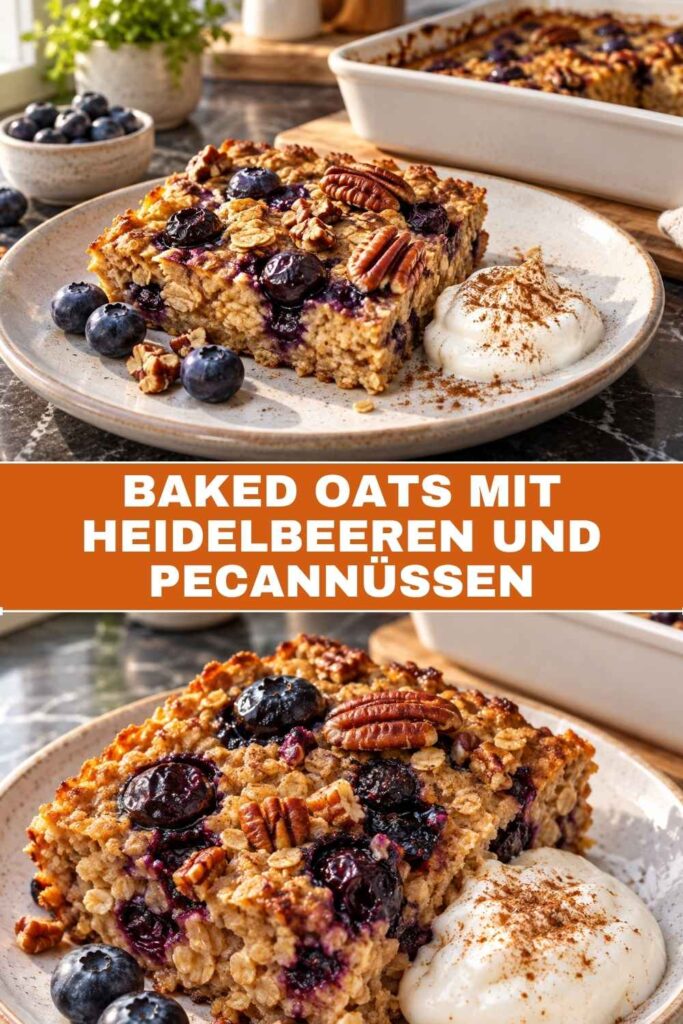 Baked Oats mit Heidelbeeren und Pecannüssen in der Auflaufform und als serviertes Stück mit Joghurt, Pinterest-Bild für ein einfaches Ofenfrühstück