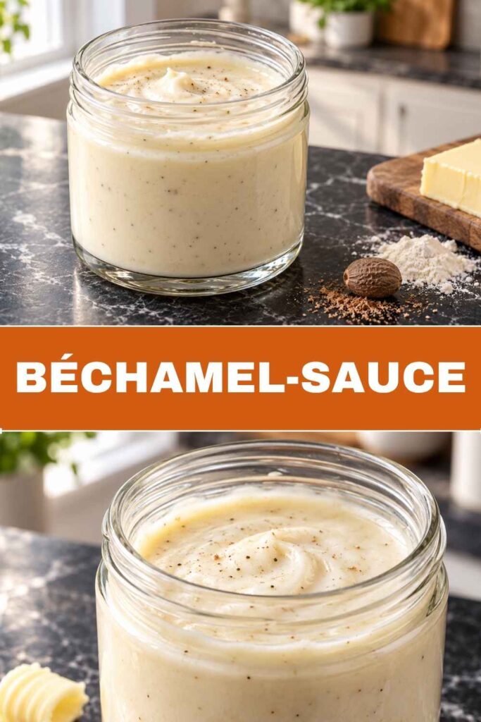 Pinterest-Pin mit Béchamel-Sauce Rezept aus Butter, Mehl und Milch, cremig und klumpenfrei
