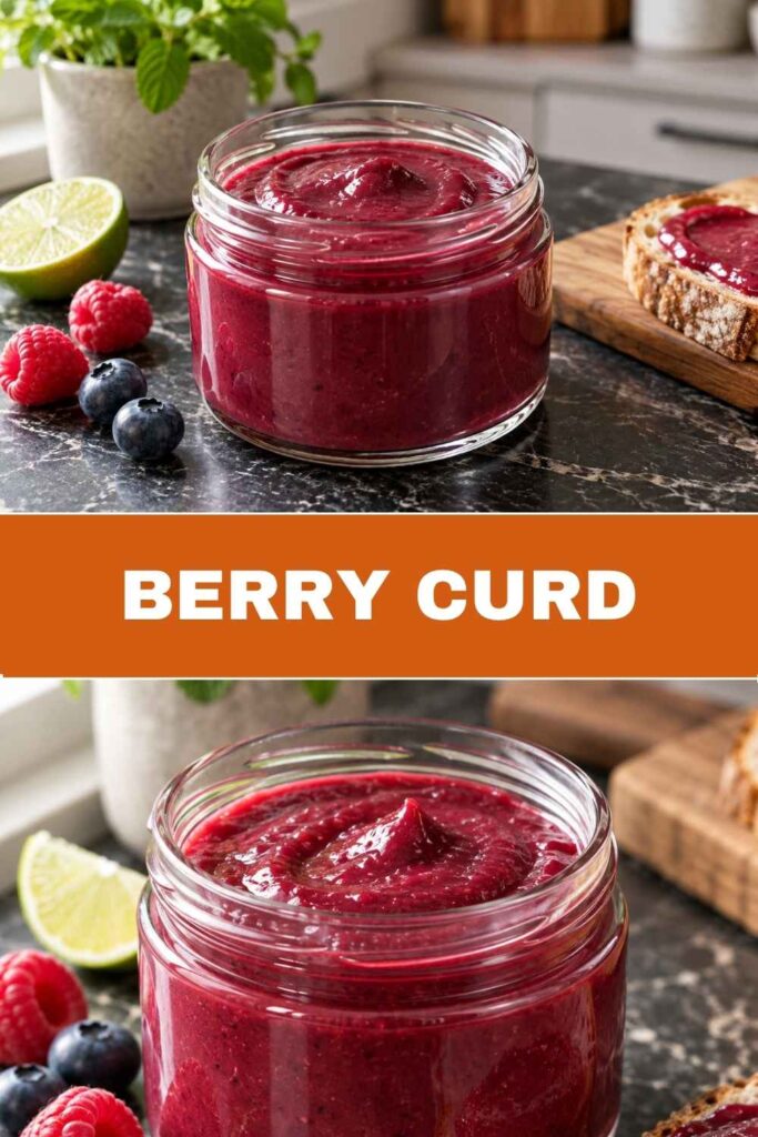 Berry Curd selber machen: Weitwinkel und Nahaufnahme der Beerencreme als Pin