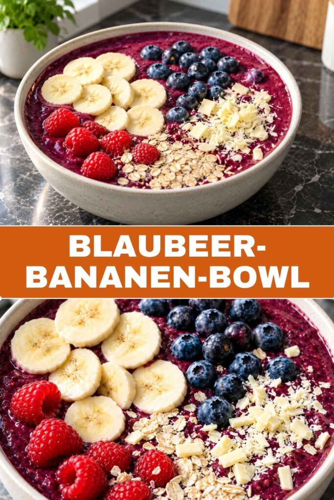Blaubeer-Bananen-Bowl als Pinterest-Pin mit Weitwinkel- und Nahaufnahme der Smoothie Bowl mit frischen Beeren