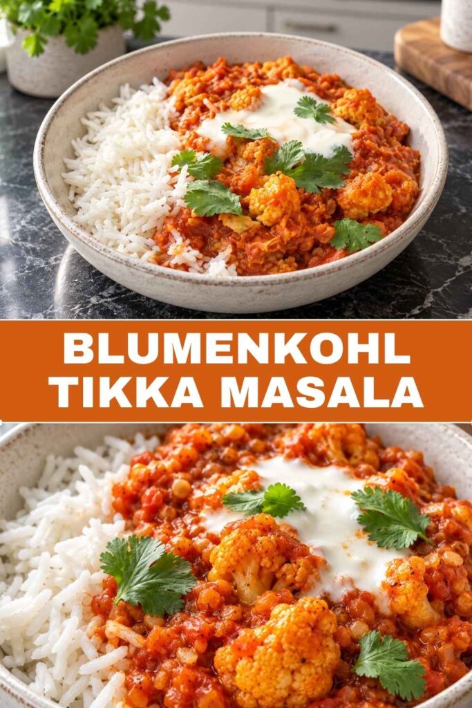 Blumenkohl Tikka Masala vegan in 35 Minuten, oben angerichtet mit Reis, unten in Nahaufnahme mit Koriander