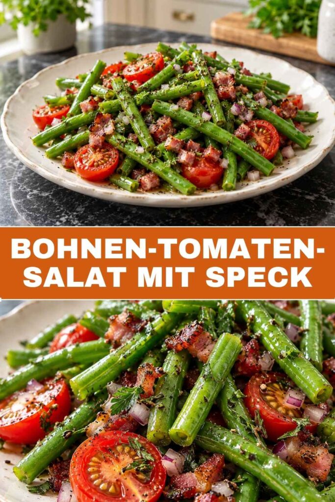 Bohnen-Tomaten-Salat mit Speck in der Schüssel und als Nahaufnahme, lauwarmer Low-Carb-Salat mit grünen Bohnen und Tomaten