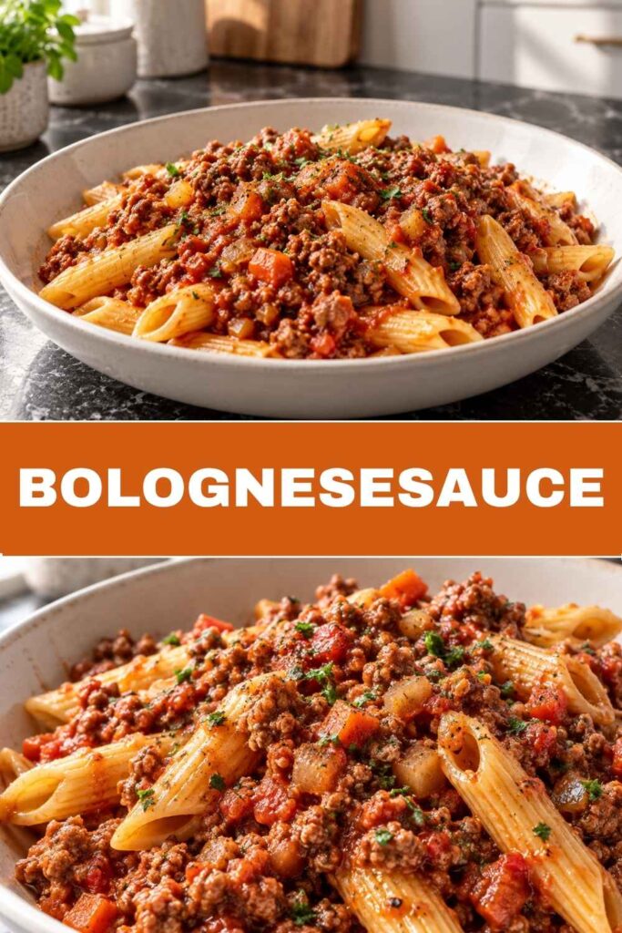 Bolognesesauce im Topf und als Nahaufnahme auf Spaghetti, Familienrezept mit Gemüse in 45 Minuten