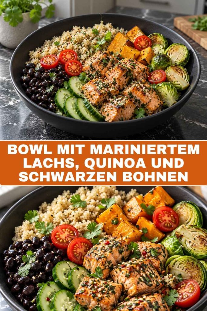Bowl mit mariniertem Lachs, Quinoa und schwarzen Bohnen 4 Pinterest-Pin Bowl mit mariniertem Lachs, Quinoa und schwarzen Bohnen, Weitwinkel und Nahaufnahme