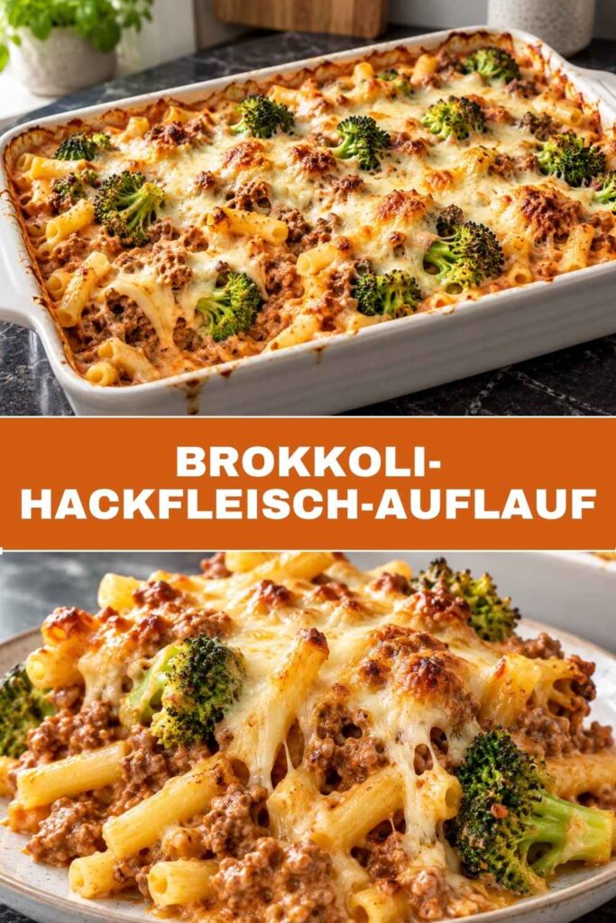 Brokkoli-Hackfleisch-Auflauf in der Auflaufform und als Portion auf dem Teller, mit Makkaroni und Käsekruste