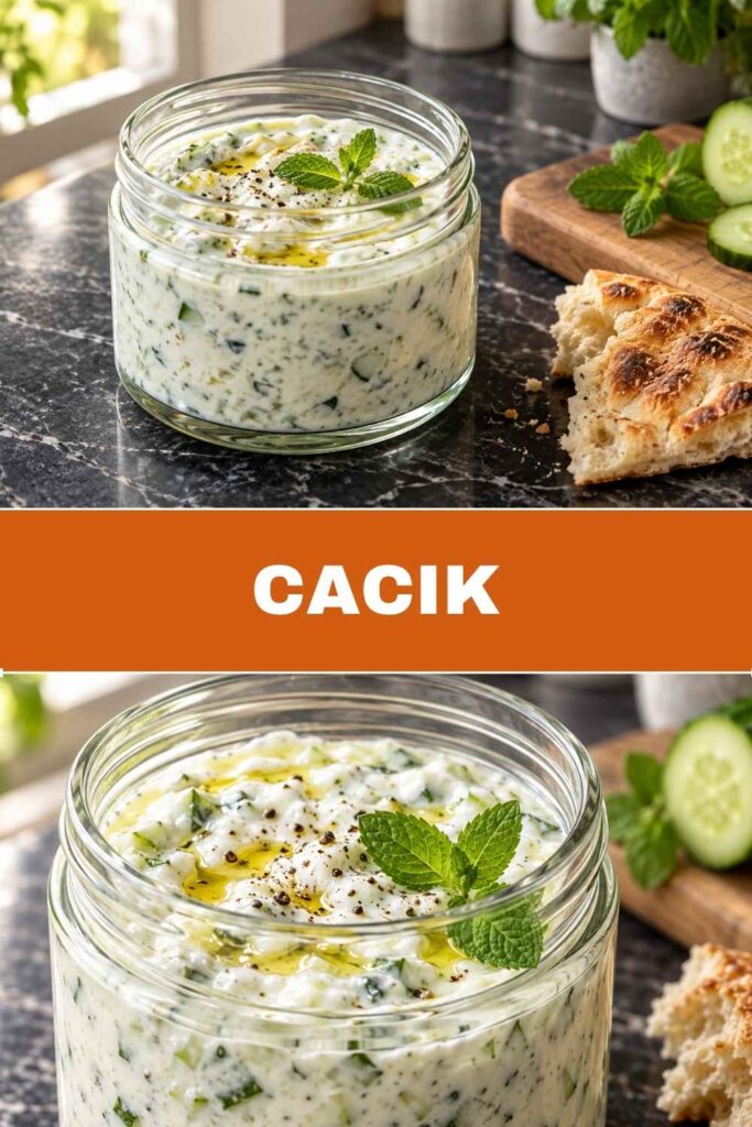 Pinterest-Pin mit Cacık, oben die Schüssel mit Fladenbrot und Köfte, unten eine Nahaufnahme des Gurken-Joghurt-Dips