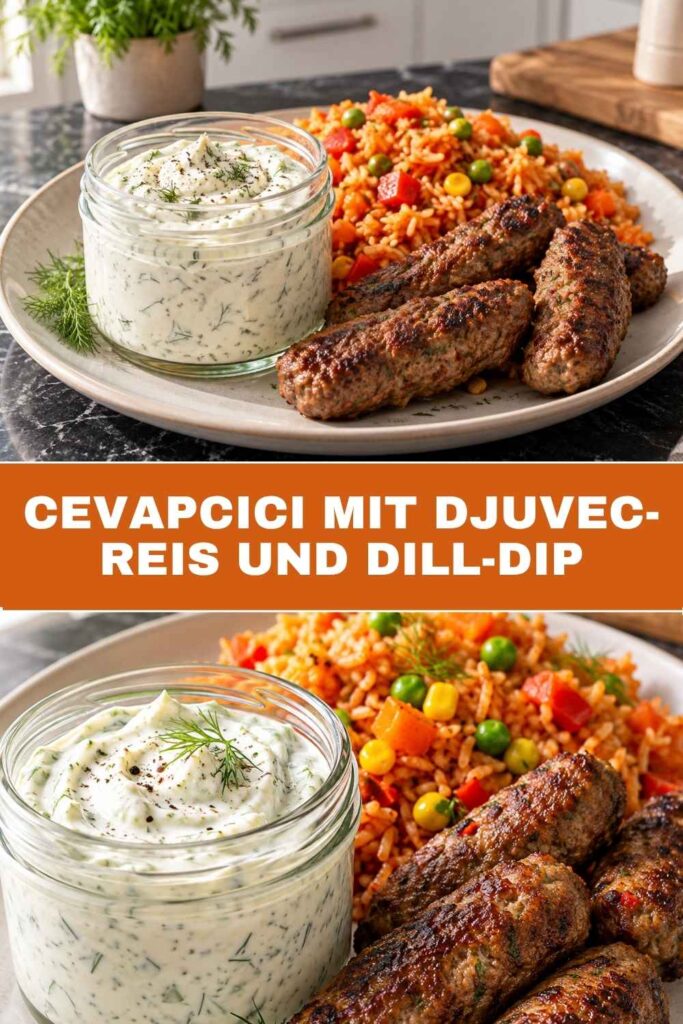 Cevapcici mit Djuvec-Reis und Dill-Dip zum Merken auf Pinterest
