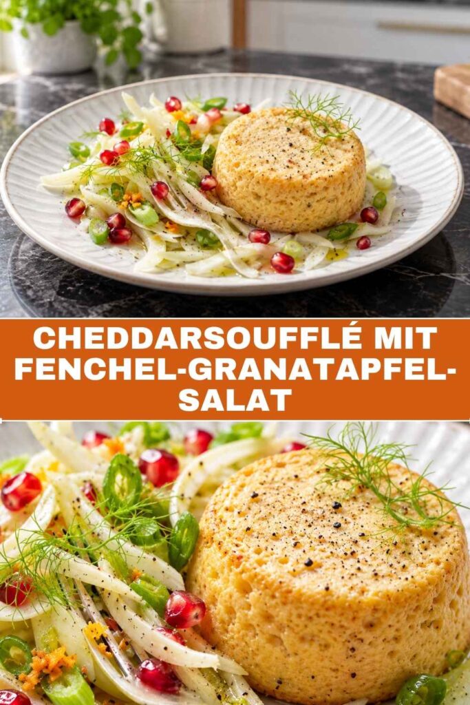 Pinterest-Pin zum Cheddarsoufflé mit Fenchel-Granatapfel-Salat mit Gesamtansicht und Nahaufnahme des Low-Carb-Abendessens