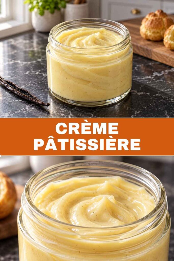 Crème Pâtissière selber machen: Weitwinkel und Nahaufnahme der cremigen Vanillecreme