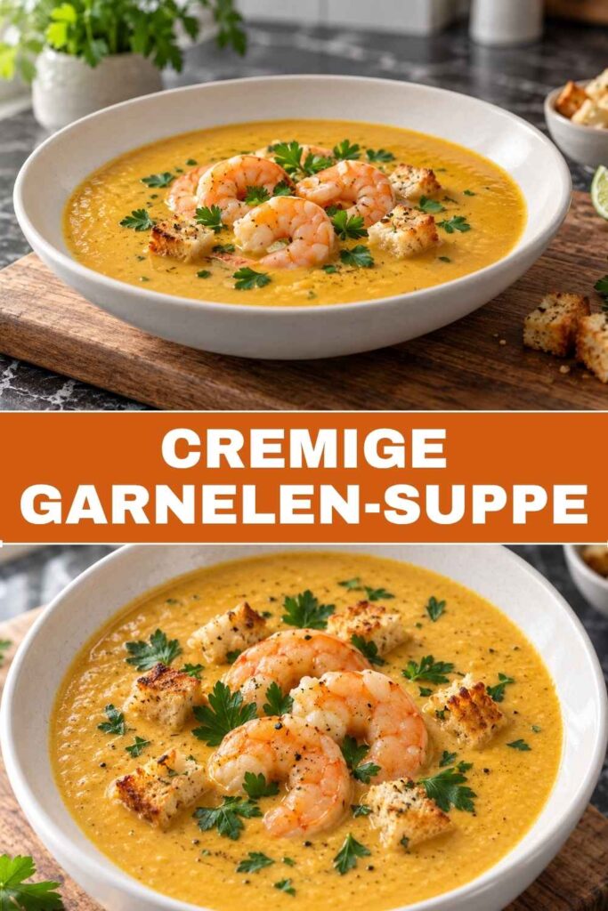 Cremige Garnelen-Suppe 4 Pinterest-Pin für Cremige Garnelen-Suppe mit Süßkartoffel und Kokosmilch, fertig in 45 Minuten
