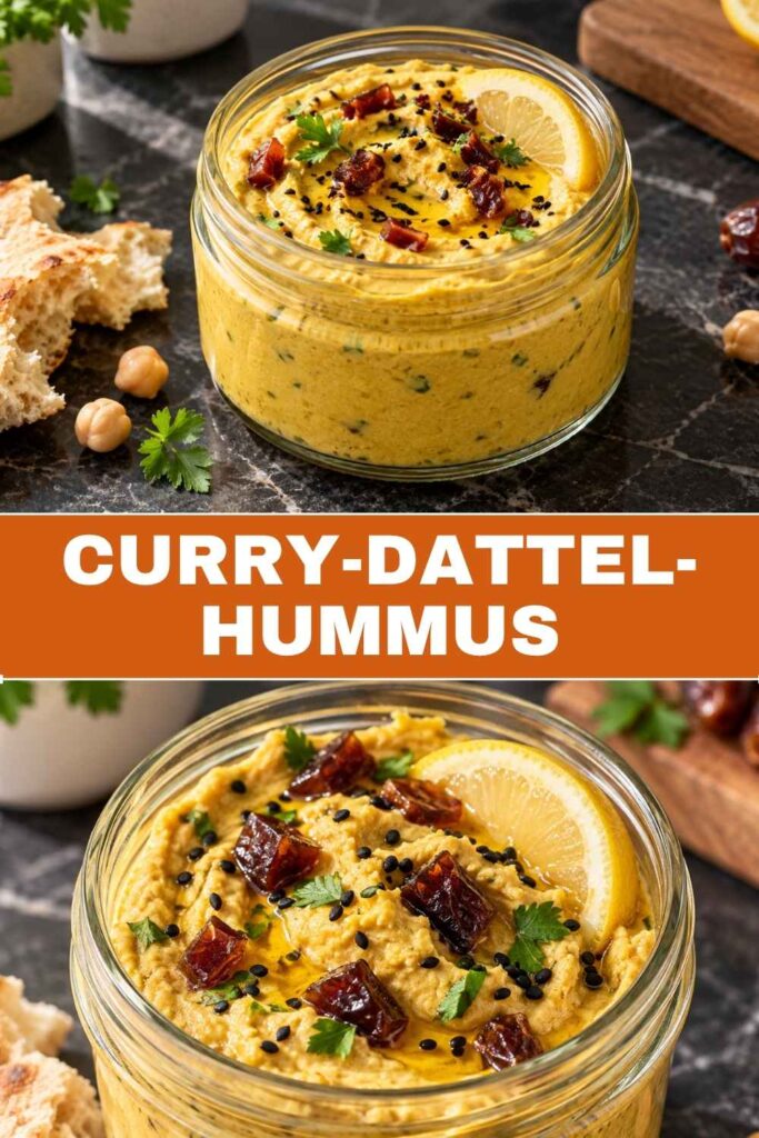 Curry-Dattel-Hummus Rezept zum Pinnen mit Weitwinkel- und Nahaufnahme