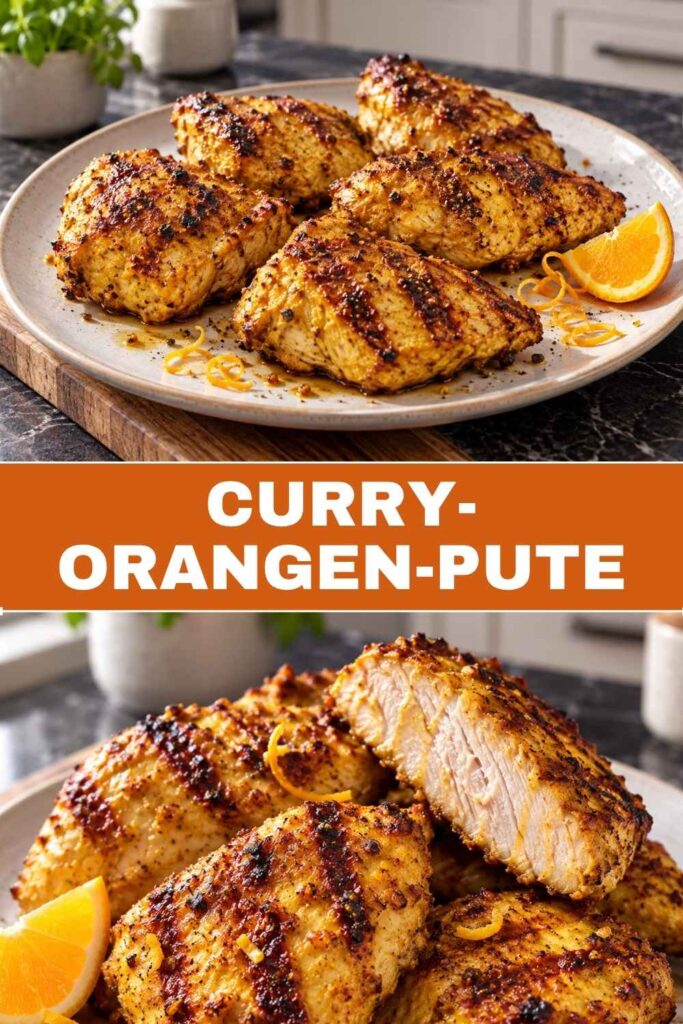 Pinterest-Pin mit Curry-Orangen-Pute, gegrillt und saftig mariniert, Rezept für sechs Portionen