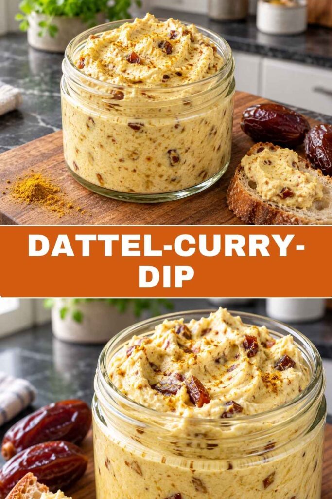Dattel-Curry-Dip 4 Dattel-Curry-Dip Pin mit fertigem Dip und Nahaufnahme für Pinterest