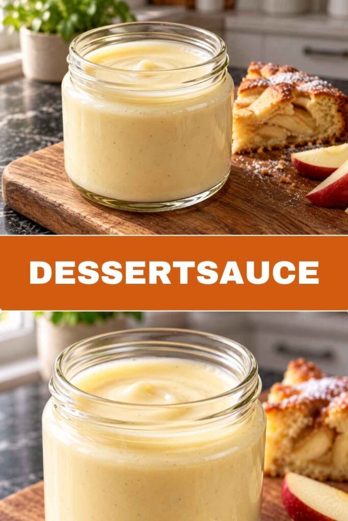Pinterest-Pin mit Dessertsauce Rezept, cremig und in 15 Minuten fertig, mit Apfelkuchen und Nahaufnahme der Soße