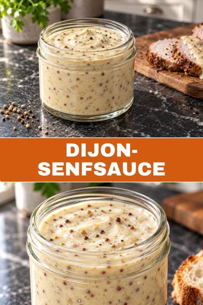 Pinterest-Pin mit Dijon-Senfsauce im Weitwinkel und in der Nahaufnahme