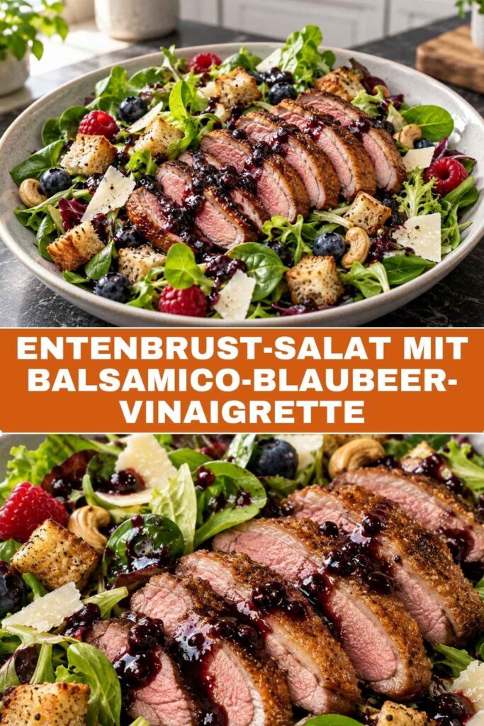Pinterest-Pin für Entenbrust-Salat mit Balsamico-Blaubeer-Vinaigrette